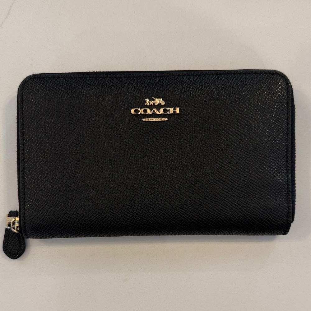 Coach Black Zip-Around Wallet with Gold Accents